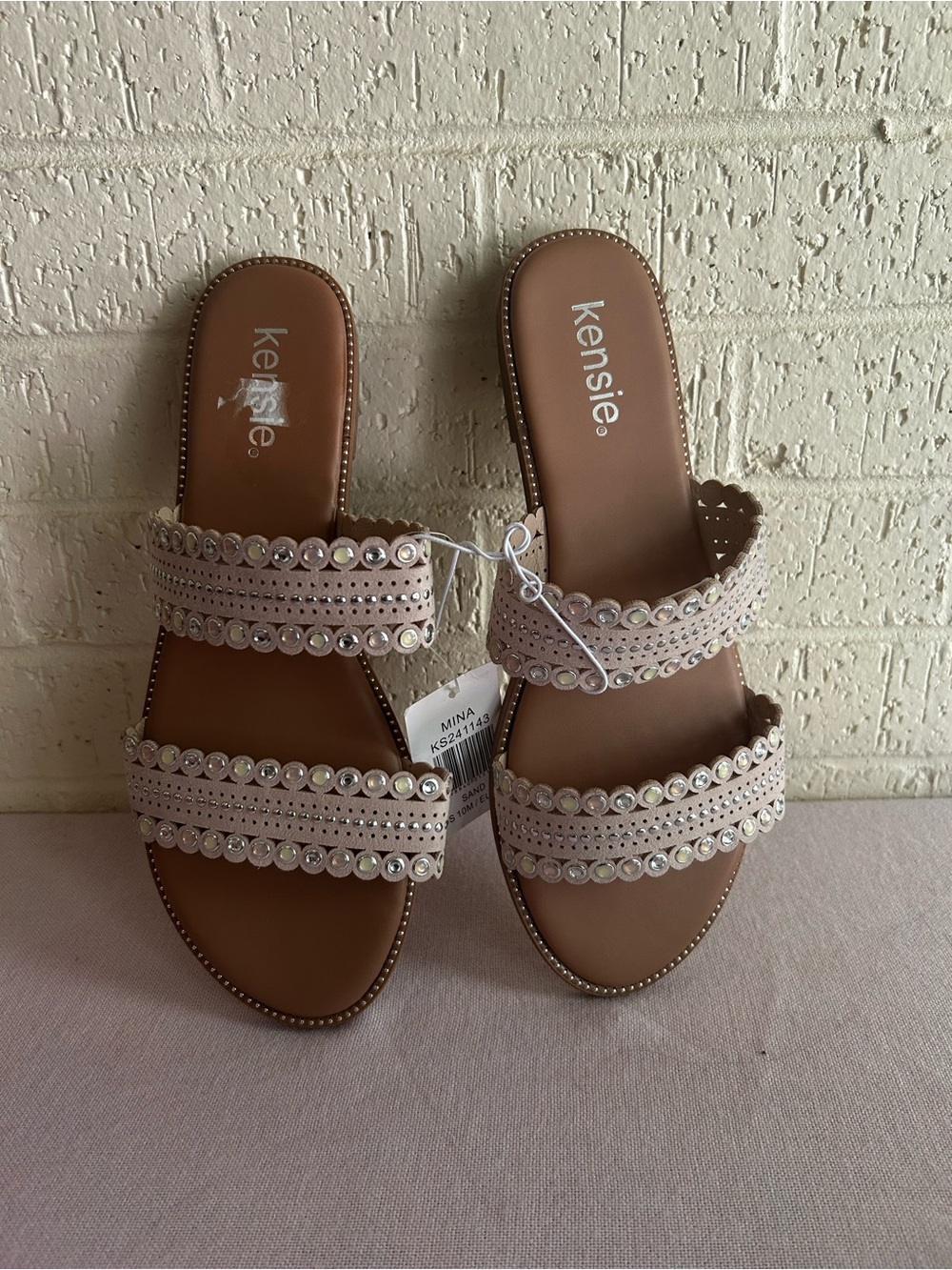 Kensie Tan Slide Sandals with Pearl & Stud Straps - Picture 2 of 6